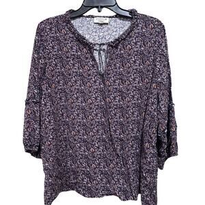 Studio B by Bobeau Blouse Plus 1X Blue Brown Pink Floral Boho Peasant Tunic Top